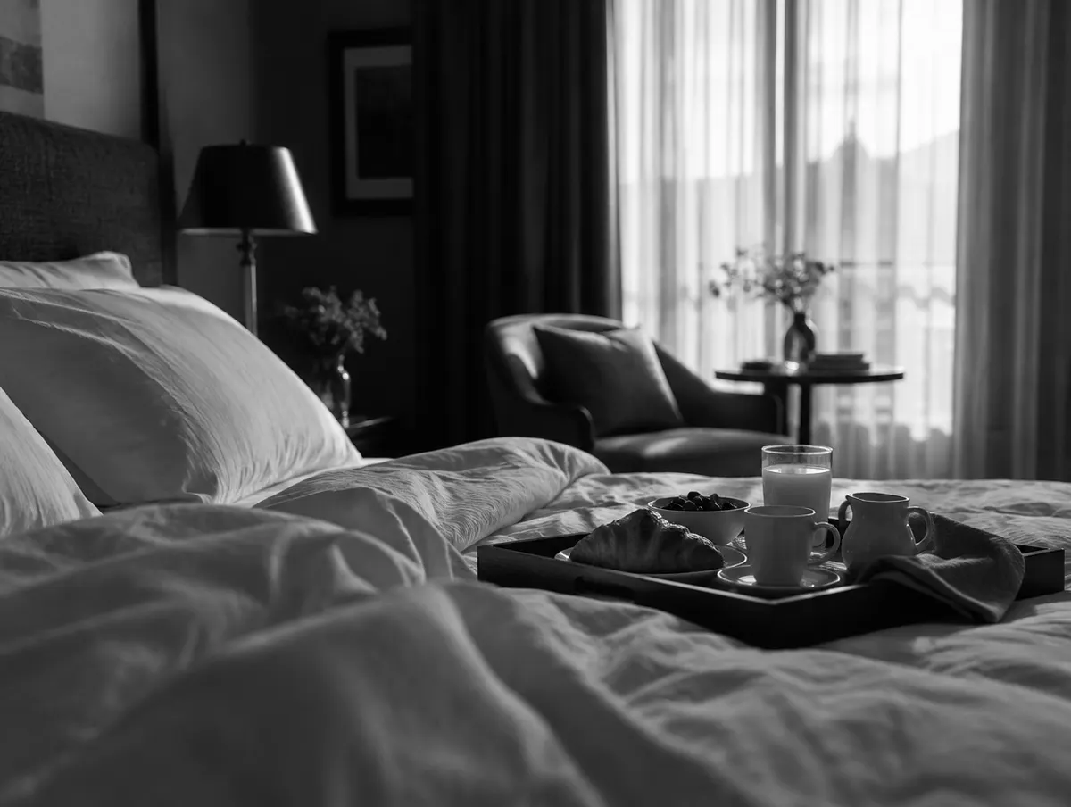 Une chambre d’hôtel au petit matin, un plateau de petit-déjeuner sur le lit