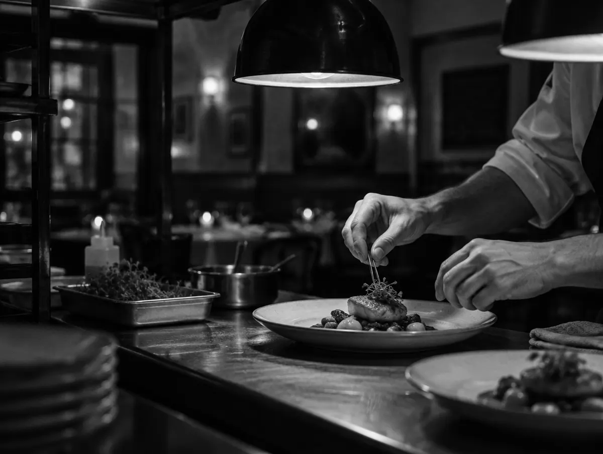 Les mains d’un chef qui dressent une assiette au passe
