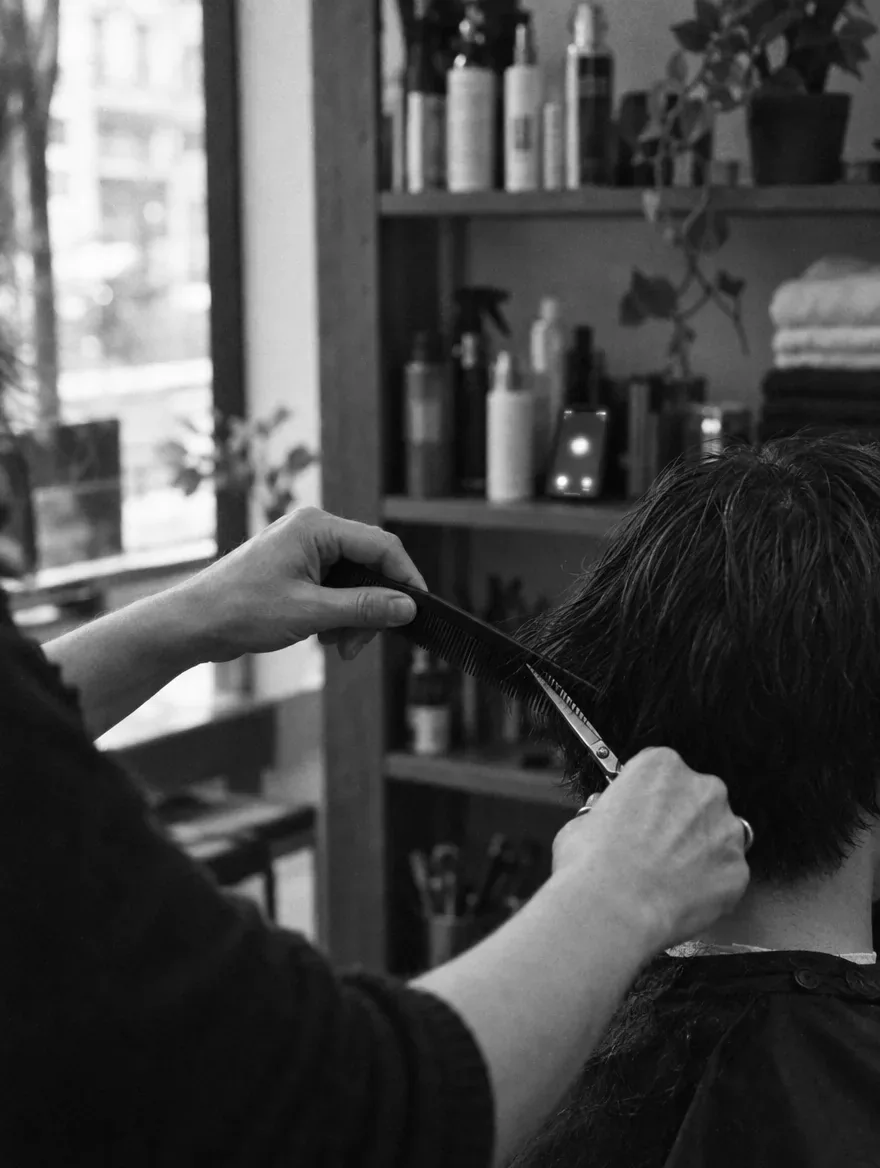Une coiffeuse en pleine coupe ; derrière elle, sur l’étagère, un téléphone s’allume