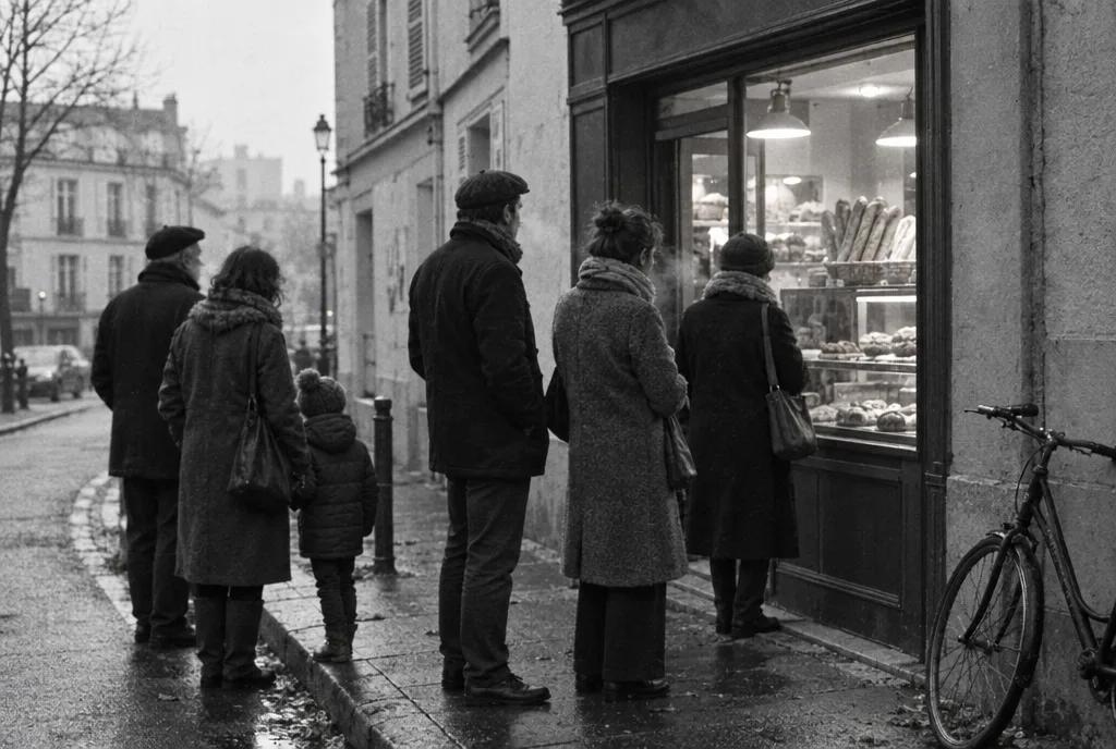 Un matin d’hiver, des voisins font la queue devant la boulangerie du quartier