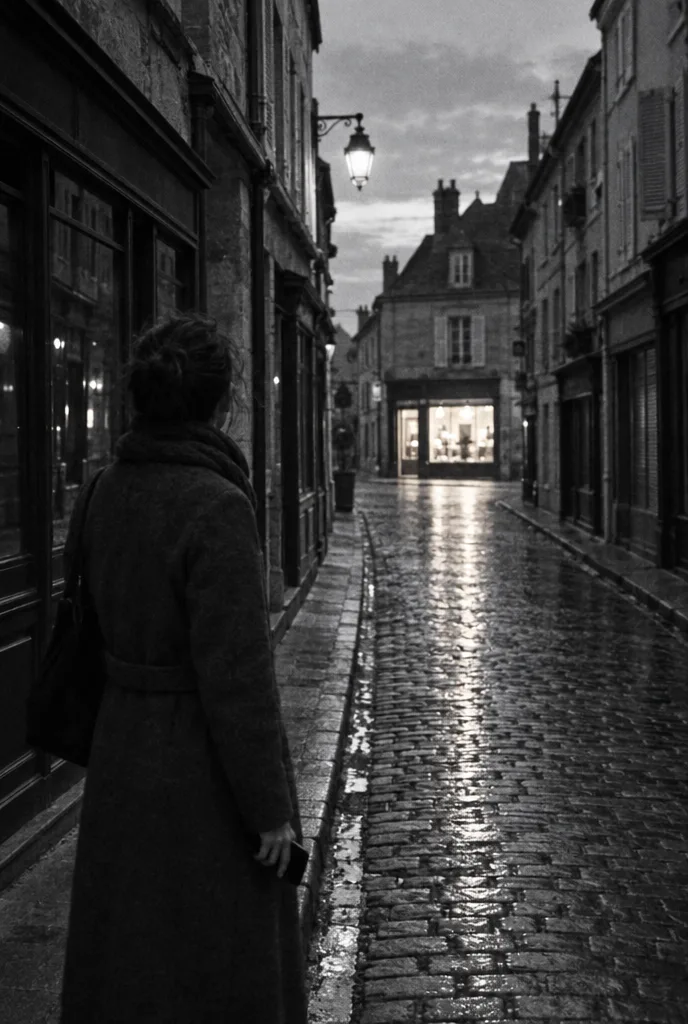 Le soir, une passante, son téléphone à la main, regarde une vitrine allumée au bout de la rue