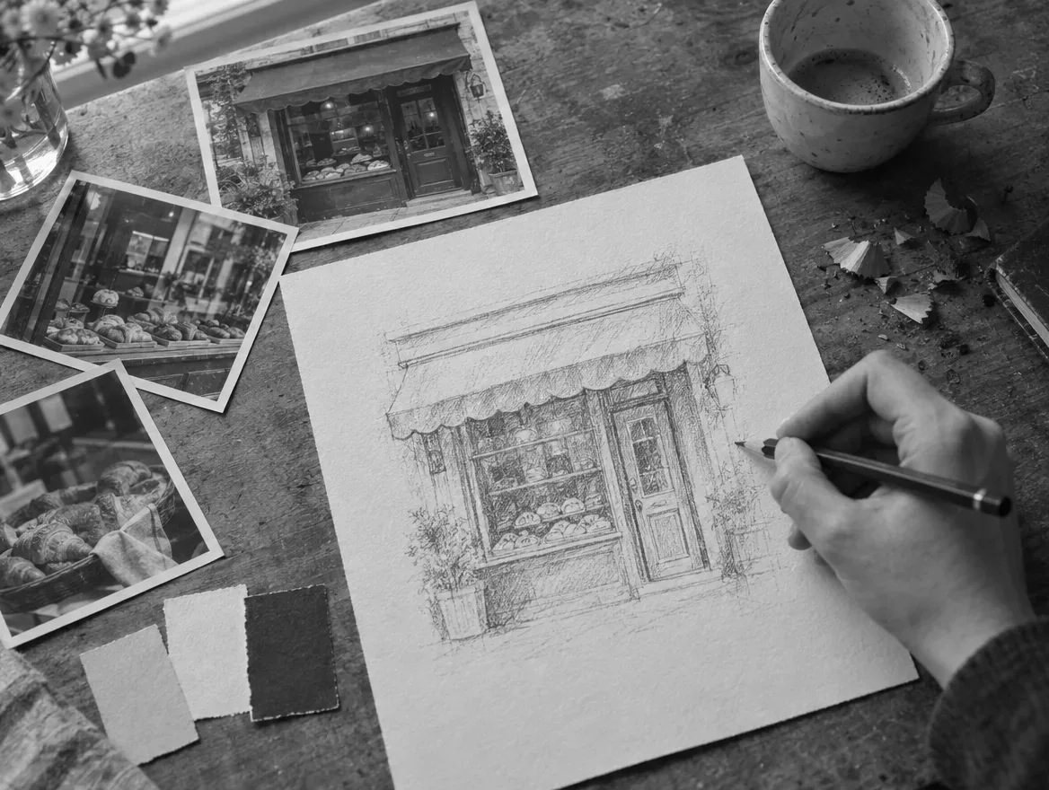 Une main dessine au crayon la devanture d’une boulangerie, à côté de ses photos et d’échantillons de couleur