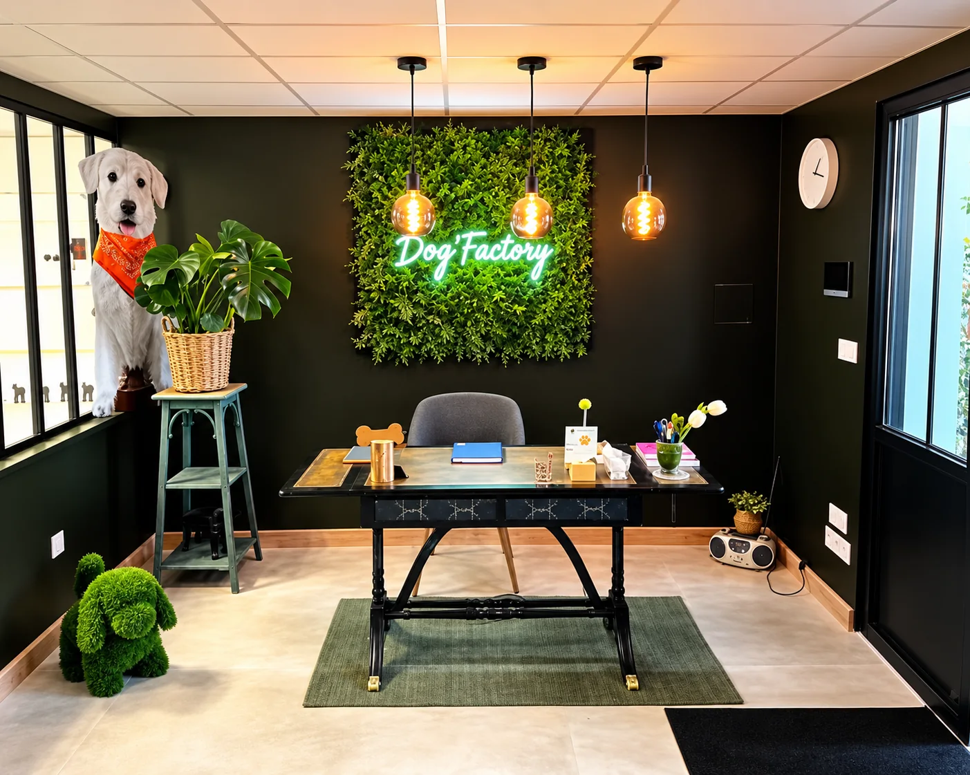 L’accueil du salon, son bureau et le néon