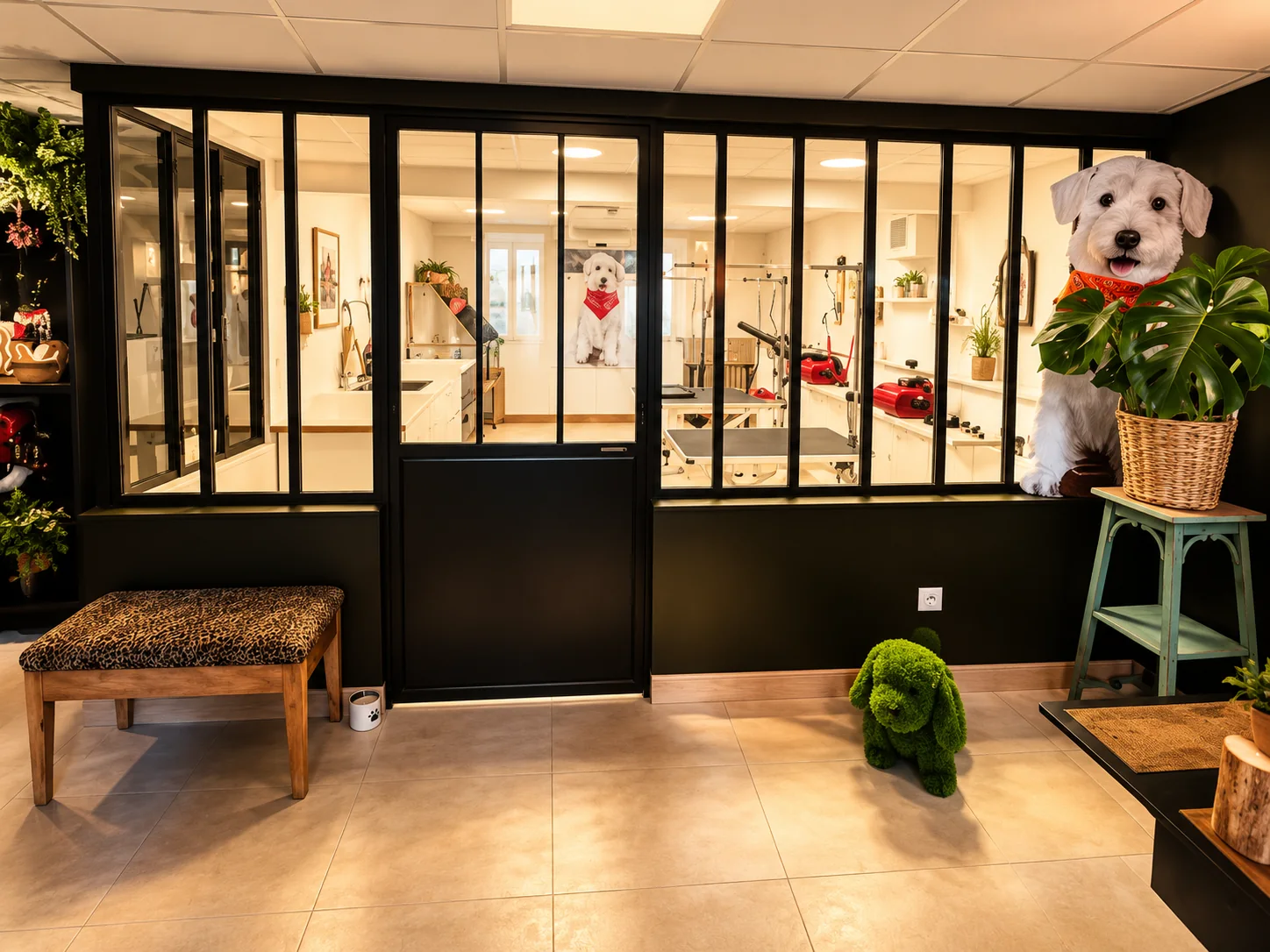 L’atelier de toilettage derrière sa verrière noire