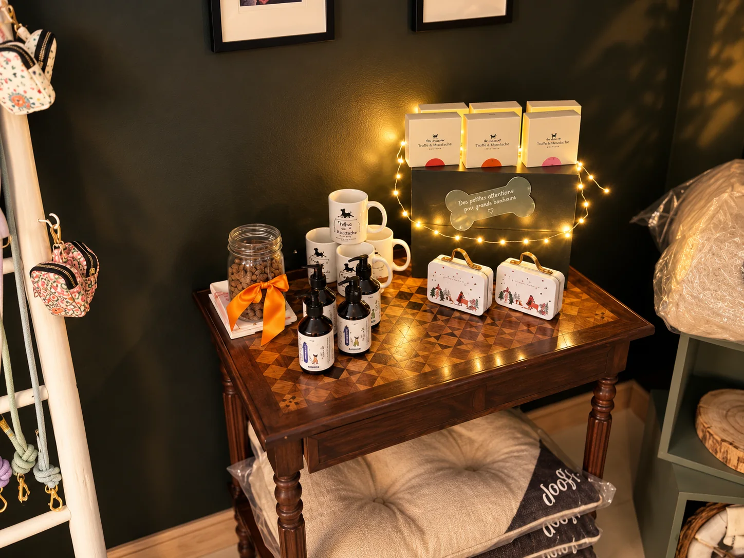 Les soins du salon sur une table ancienne, sous une guirlande