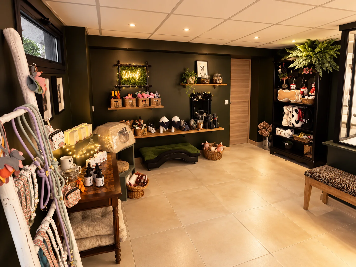 La boutique du salon : laisses, paniers et jouets